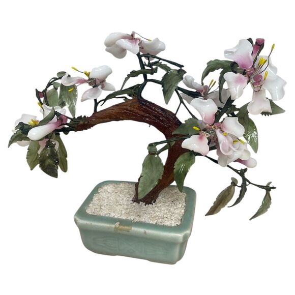 Vintage Jade Gemstone Bonsai Tree Pink White Flowers Glass Leaves 9" Pot - Picture 6 of 11